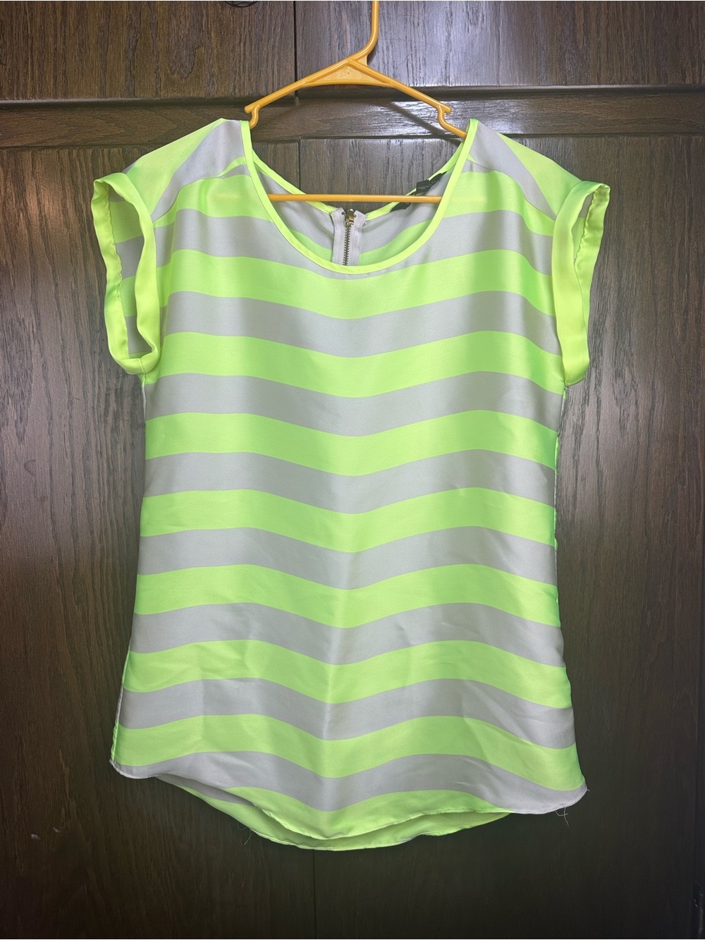 Express Neon Yellow and Light Gray Striped Cap-Sleeve Top